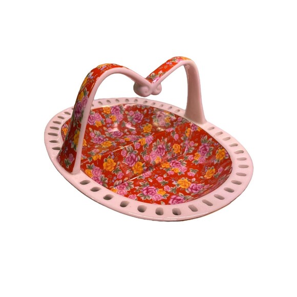 Jay & Sons Ceramic Basket Divided  w/ Handle Red White Floral Gold Rim - Picture 13 of 15